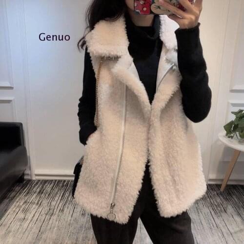 Winter Autumn Thick Lmitation Lamb Wool Vest Jackets Women Solid Warm Loose Zip Pockets Outwear Coat Gilet Femme Oversize