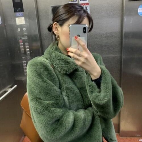 Fur Coat Female Korean Ins Chic Retro Green Western Style All-match Lapel Long-sleeved Warm Rabbit Fur Coat Winter