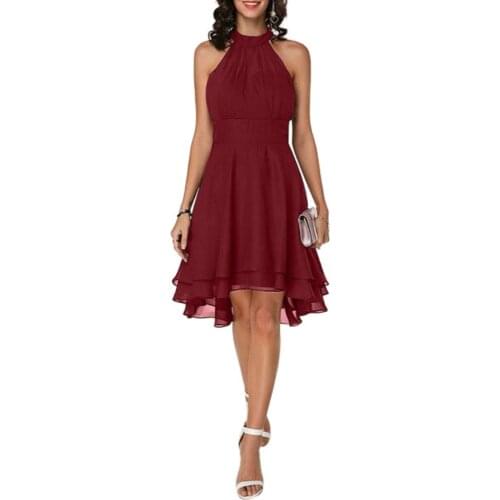 Summer Dress Women Elegant Solid Color Soft Halter Sleeveless Asymmetric Hem One Piece Dress Vintage Party Women Dresses