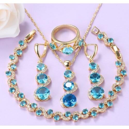 6-Colors Gold-Color Women Costume Jewelry Sets With Stone CZ Sky Blue Wedding-Engagement Necklace Sets Bracelet 18+3CM