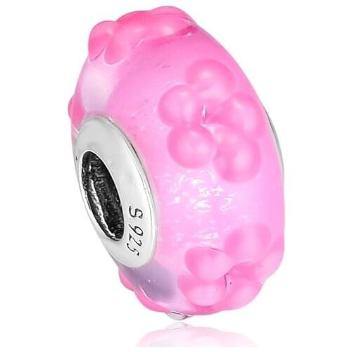 CKK Silver 925 Jewelry Pink Flower Murano Glass Charms Beads Fits Original Bracelets & Bangle Sterling Silver Making