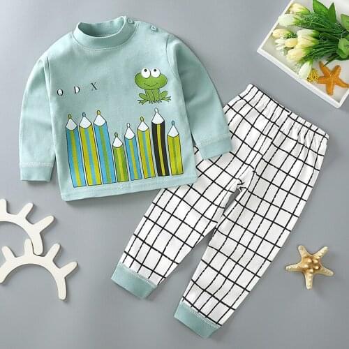 Children Pajamas Baby Round Neck Shoulder Button Pajamas Cartoon Sleepwear Cotton Nightwear Boys Girls Animal Pyjamas Set