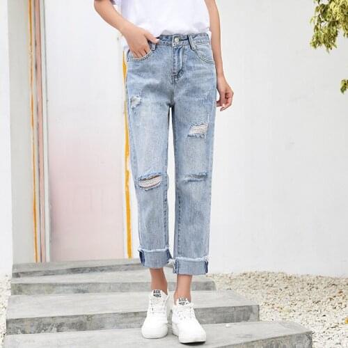 Loose wide leg bf Style hole jeans female summer nine pants high waist student All Matched Fashion casual straight pants tide