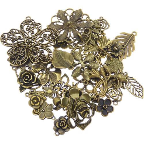 GraceAngie 30pcs Antique Bronze Mini Charms Randomly Mixed Flower And Leaves Pendant Suspension Necklace Jewelry Accessory