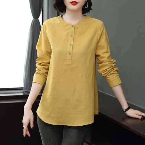 Cotton Linen Shirt Women Long Sleeve Tunic Blouse Ladies Tops O Neck Autumn Basic Tee Shirt Loose Casual