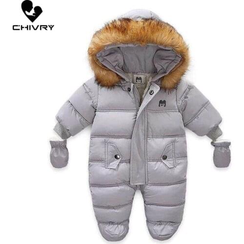 Newborn Baby Winter Thick Keep Warm Solid Rompers Infant Boys Girls Fur Hooded Jumpsuit Snowsuit Toddler Down Outwear Overalls
