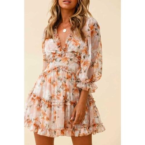 MCLAOSI 2021 Floral Print Ruffle Dress Women Backless V-Neck Dress Women Mini Plus Size Dress Ladies Party Dress For Women