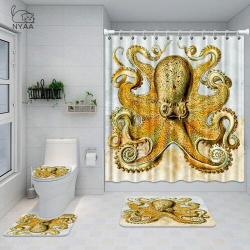 Trendy Aqua Navy Red Octopus Shower Curtain Set Beautiful Deep Sea Octopus Bath Curtains For Bathroom Bat Mats Rugs Home Decor