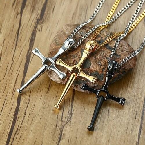 Mens Baseball Bat Cross Pendant Necklace Stainless steel Toretto Lettys Design Crucifixion Man Disco Ball Softball Player Gifts