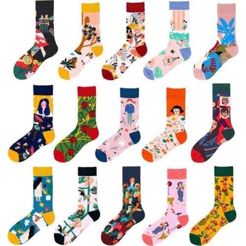 Novelty 2020 Spring Women Socks Funny Harajuku Abstract Printed Casual Cute Girl Pattern Cotton Calcetines Happy Sock For Gift
