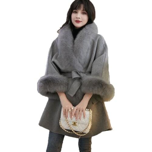 Women cashmere coat with fur real fox fur collar hoody trim Brand New Womens Woolen Coat Solid Color Office Lady Elegant Jackets