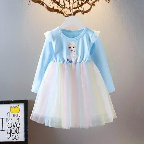 Disney Frozen Elsa Princess Dress Winter Girl Long Sleeve Cotton Mesh Dresses Snow Queen Kids Birthday Party Childrens Clothing