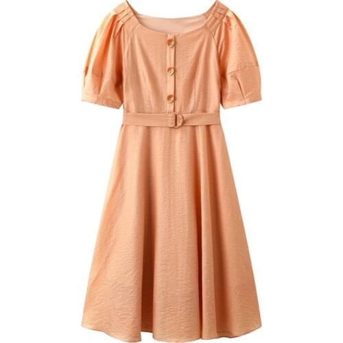 2021 Summer Mid-length Dress With Belt For Teens Height 155-165cm High Waist Young Ladies Clothes Orange Color