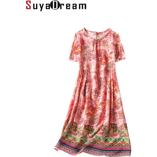 SuyaDream Woman Bohemian Print Dress 100%Silk Crepe Short Sleeved A-Line Midi Dress 2021 Spring Summer Dresses Red Pink