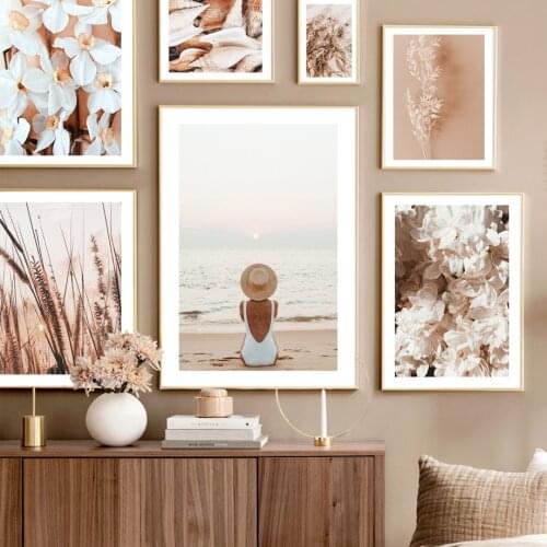 Beach Sunset Girl Grass Flower Plant Conch Palm Leaf Wall Art Print Canvas Painting Nordic Poster Decor Pictures For Living Room