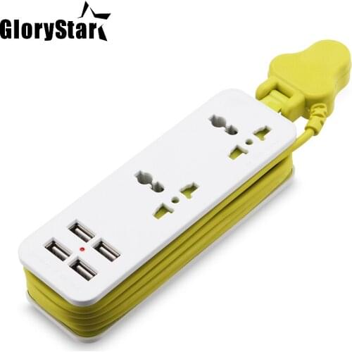 Yellow UK Plug 4 USB Extension Socket Outlet Portable Travel Power Strip Surge Protector Smart Wall Charger for PC Tablet Phone