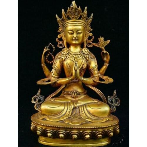Old Tibet Buddhism Temple Bronze 4 Arms Chenrezig Goddess Buddhas Goddess Statue