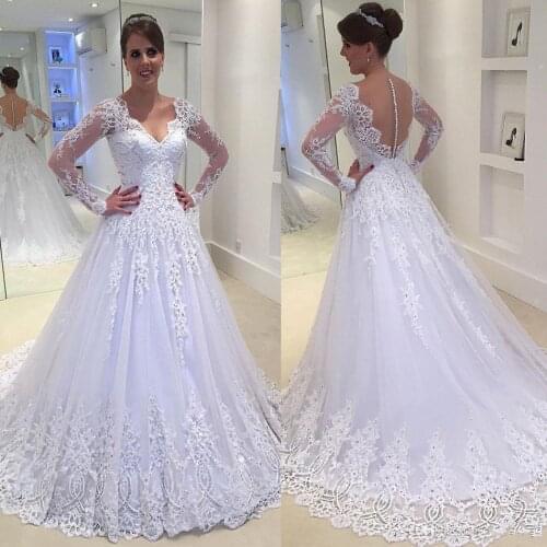 Princess Wedding Dresses 2020 V Neck Dubai a-line Wedding Gown Long Sleeves Button Back Tulle Beaded Robe de Mariage