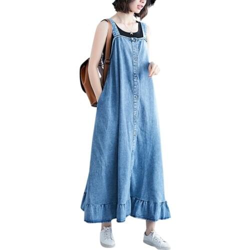 Vintage Denim Strap Dress Women New Summer Dress Sleeveless Plus Size Ruffle Dresses Fashion Loose Ladies Dresses Vestido D3365