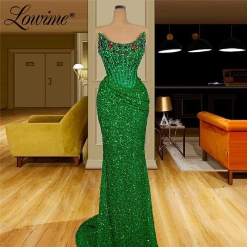 Beads Green Strapless Evening Dress Mermaid Prom Dresses Beading Crystals Vestido De Festa Formal 2020 Dubai Arabic Party Gowns