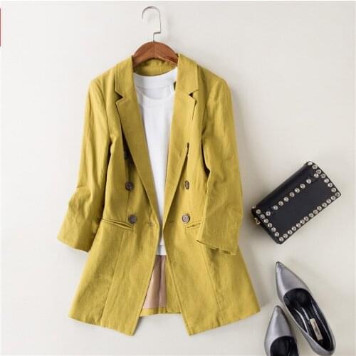 Spring Autumn suit Women black Blazer Double-Breasted linen suit Pockets OL Work Office Suits Outwear linen suit jacket