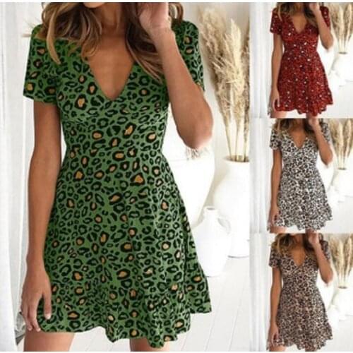 Plus Size Women Summer Dress V-neck Short Sleeve Slim A-line Short Dress Casual Leopard Dress Vestidos Mujer
