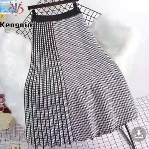Winter Women Houndstooth Patchwork Midi Skirts Ladies Elastic Waist Pleated Skirts A-Line Vintage Female Casual Skirts KE1827
