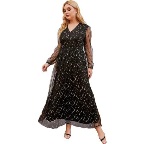 2021 Spring Summer Party Dress Women Mesh See Through Long Sleeve V Neck Lace Dress High Waist Plus Size Maxi Long Dresses
