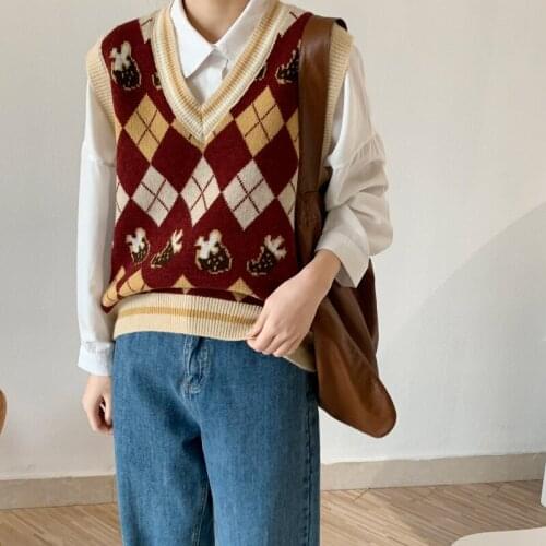 2021 Spring Retro Cartoon V-neck Sleeveless Sweater Vest Womens Knitting Loose Short Casual Vest Tops Pullovers