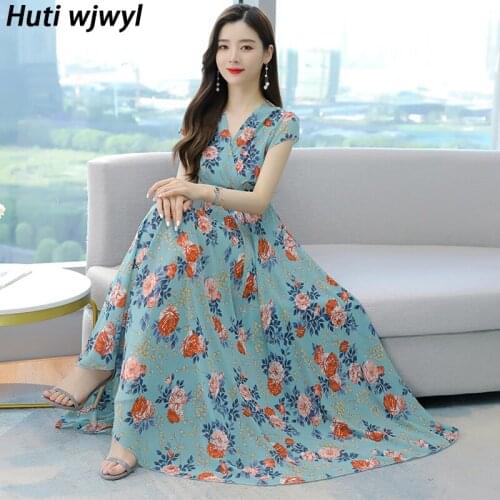 2021 Floral Chiffon Casual Beach Vacation Boho Long Sundress Summer Bodycon Party Vestidos Vintage Women Plus Size Maxi Dresses