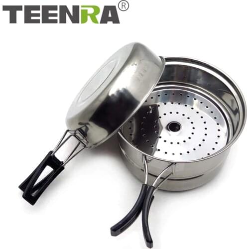 TEENRA 3Pcs Stainless Steel Picnic Pot Ultra-light Camping Cookware Utensils Outdoor Cooking Suit Hiking Picnic Portable Pan
