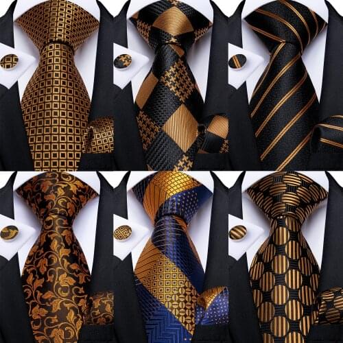 8cm Ties For Men Gold Black Floral Striped Wedding Party Necktie Handkerchief Cufflinks Shirt Accessories Gift For Men DiBanGu