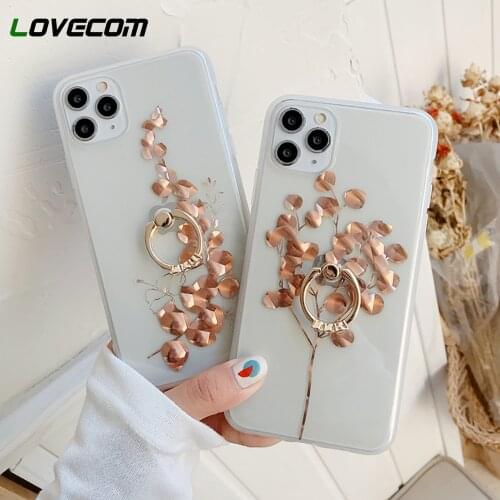LOVECOM For iPhone 12 Pro Case Finger Ring Clear Phone Case For iPhone 12 11 Pro XS Max XR X 7 8 Plus Soft IMD Leaf Back Cover