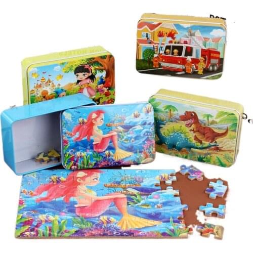 60 Pieces Wooden Puzzle Cartoon Flat Puzzle Make-up Childrens Early Education and Wisdom Iron Box