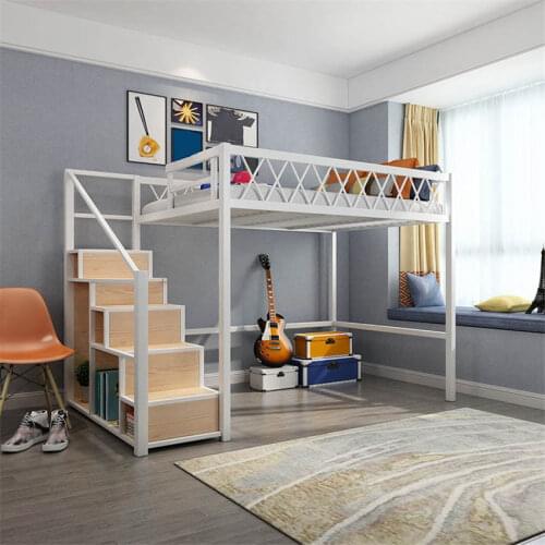 Twin Size Space-Saving Metal Loft Bunk Bed Single Modern Student Dormitory Bunk Bed Sturdy Frame Metal Bed Guard Rail Stairs