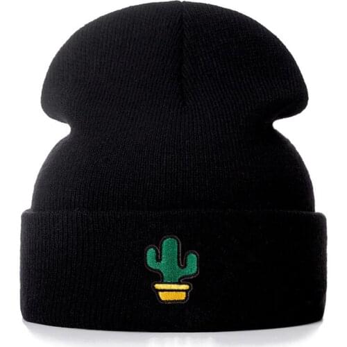 Cactus Embroidery Cotton Casual Beanies for Men Women Knitted Winter Hat Solid Color Hip-hop Skullies Hat Unisex Cap
