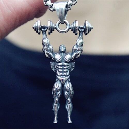 Fine Hand-made Fitness Dumbbells Muscle Mens Pendant Jewelry Necklace