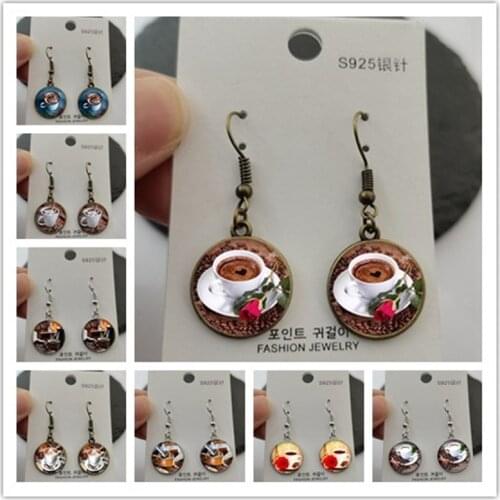 Round glass cabochon coffee cup latte cappuccino photo dome earrings jewelry found jewelry decoration for ladies who love coffee