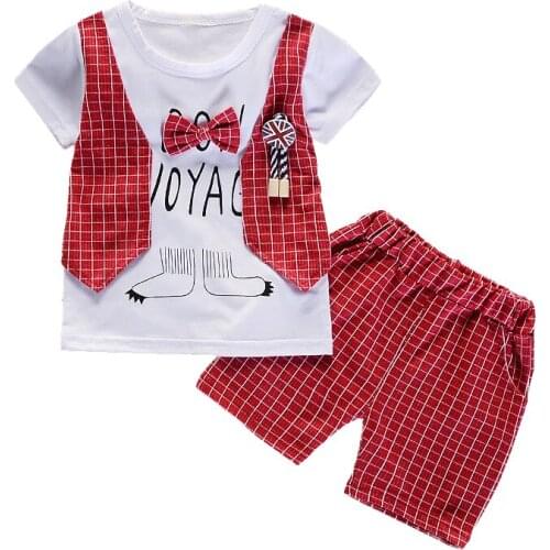Summer Baby Set Kids Boys Clothes Sets Cotton Plaid Bow Tie Short Sleeve T-Shirt+Short Pants 2 Pcs Suit