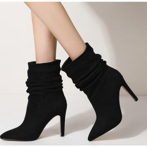 Fashion Pleated Slip On Women Ankle Boots Faux Suede Sexy Stiletto Ladies Short Boots Autumn Winter Pointed Toe Shoes Woman