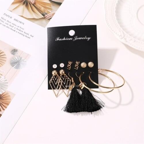 6pairs/set Trendy Street Love Letter Circle Geometric Earrings Women Personality Gold Color Long Tassel Dangle Earrings Jewelry