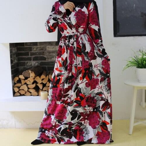 Muslim Womans Dress Muslim Fashion Print V-neck Long-sleeve Muslim Dress Middle East Arab Dubai Abaya Long Dress Belt Donsignet