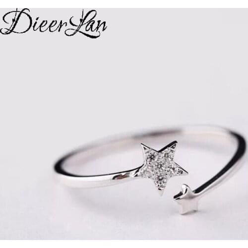 Real Pure Silver Color Crystal Star Rings for Women Wedding Finger Open Ring Anillos Anelli