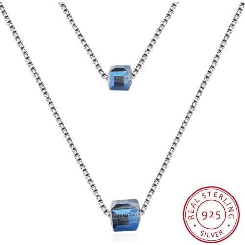 925 Sterling Silver Necklace Double Layer Square Candy Synthetic Crystal Necklaces For Women Chain Choker Gift S-N387