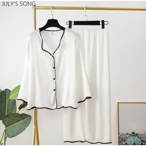 JULYS SONG Pajamas Set Women Stain Spring Autumn Sleepwear Retro Solid color 2 Pieces Letter Vintage Long-sleeved Homewear