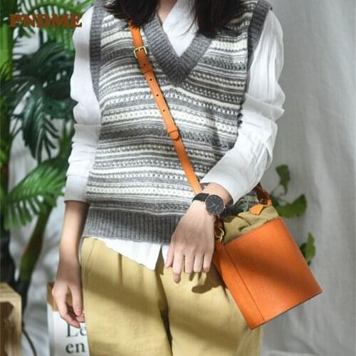 PNDME retro simple ladies Genuine leather bucket handbag fashion luxury natural cowhide weekend party shoulder messenger bag