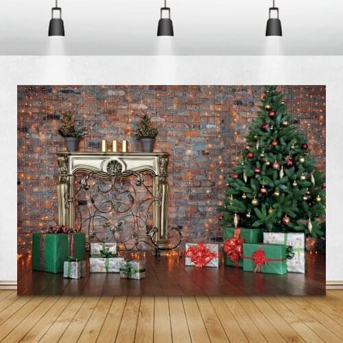 Christmas Backgrounds Brick Wall Royal Decor Fireplace Tree Gift Gold Bulb Lights Floor Baby Child Photozone Photo Backdrops
