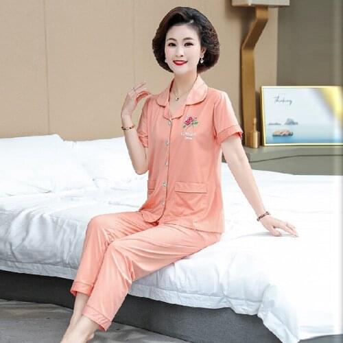 Satin Cotton Women Pajamas Set Summer And Autumn Mother Short Sleeve Sleepwear Mother Casual Plus Size 3XL Lounge Wear Nightwear