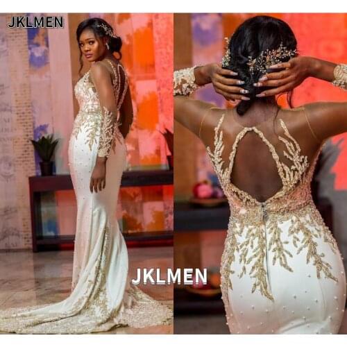 Sexy Gold Lace Appliques Beads Mermaid Wedding Dress Illusion Sleeves Zipper Back Wedding Repection Dress Custom Made