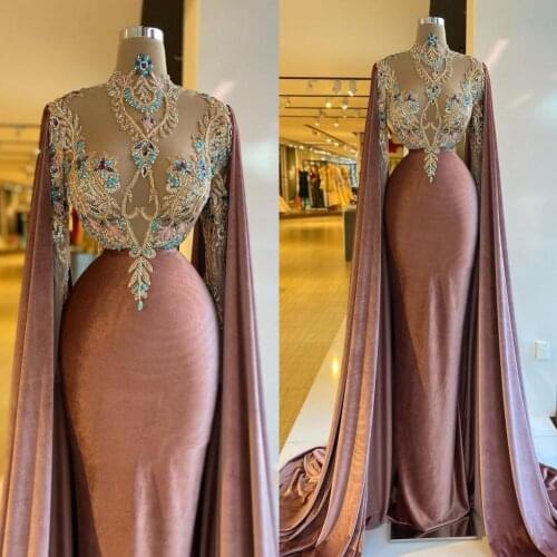 Modest High Neck Mermaid Prom Dress With Cape Long Sleeve Beaded Crystal Evening Gowns Robes De Soirée